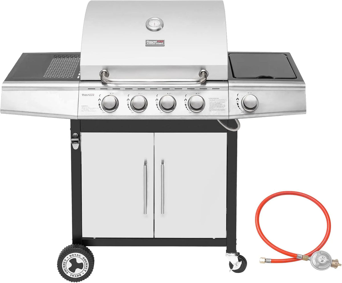 Gasgrill, Royal Gourmet 4+1 Brenner Grillwagen mit automatischer Zündung, mit 14,5 kW Camping für Outdoor Barbecue Silber