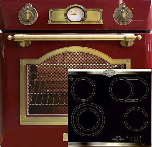Backofen, Elektro Einbau 67L Rot + High Light Glaskeramik Kochfeld 60cm mit Metallplatten Bronze, Drehspieß, Einbaubackofenl, Heißluft, Herd