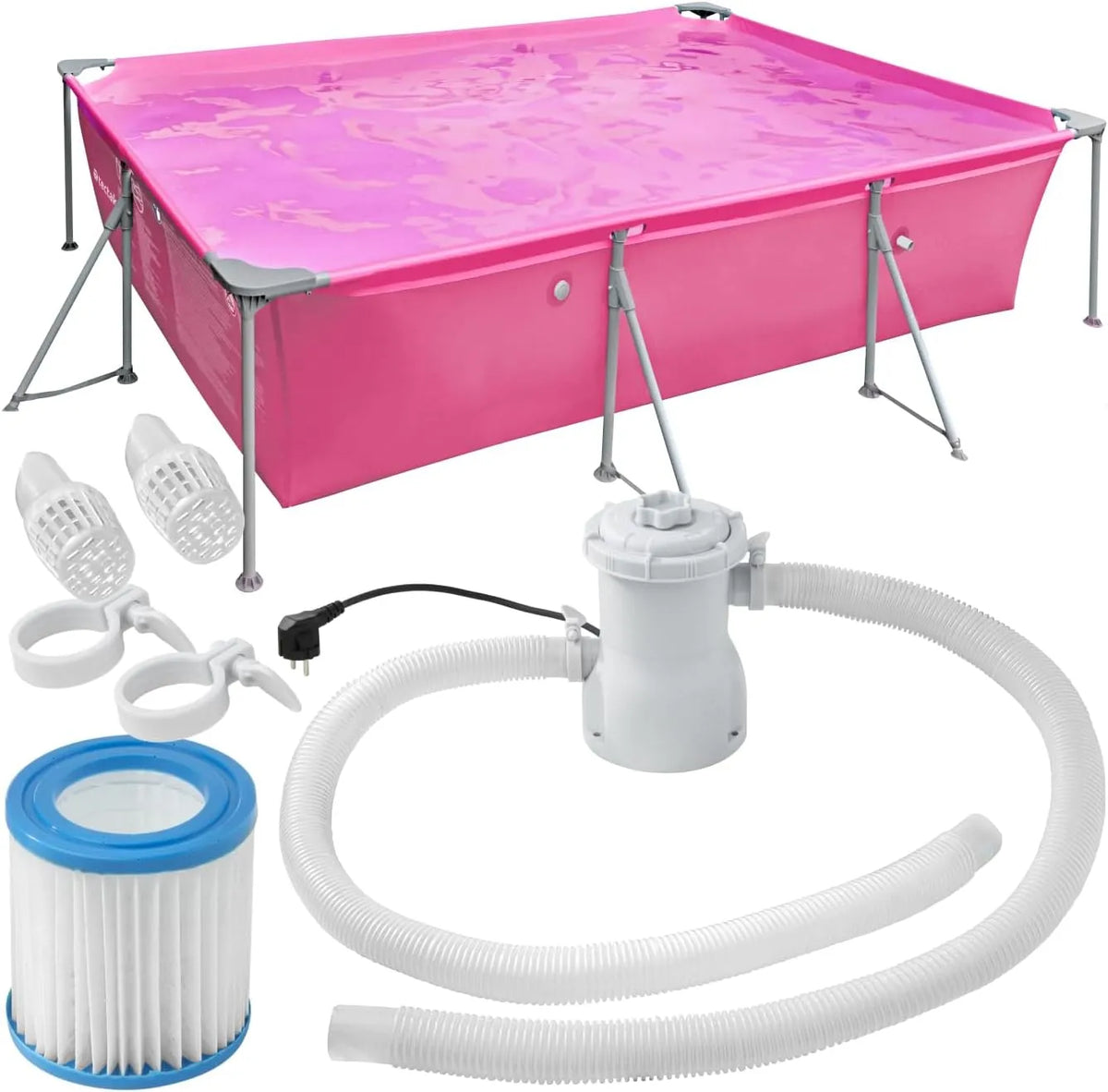 Pool tectake Swimming, Schwimmbecken groß, Framepool, Stahlrahmenbecken Komplettset, pink, Aufstellpool 300 x 207 x 70 cm, Swimmingpool rechteckig