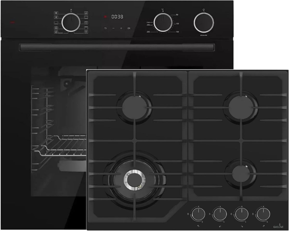 Backofen, versenkbare Knebel + 4-Flammen Gas Kochfeld mit Wokbrenner 3,8 kW, 10 Funktionen, Schw, 280°C