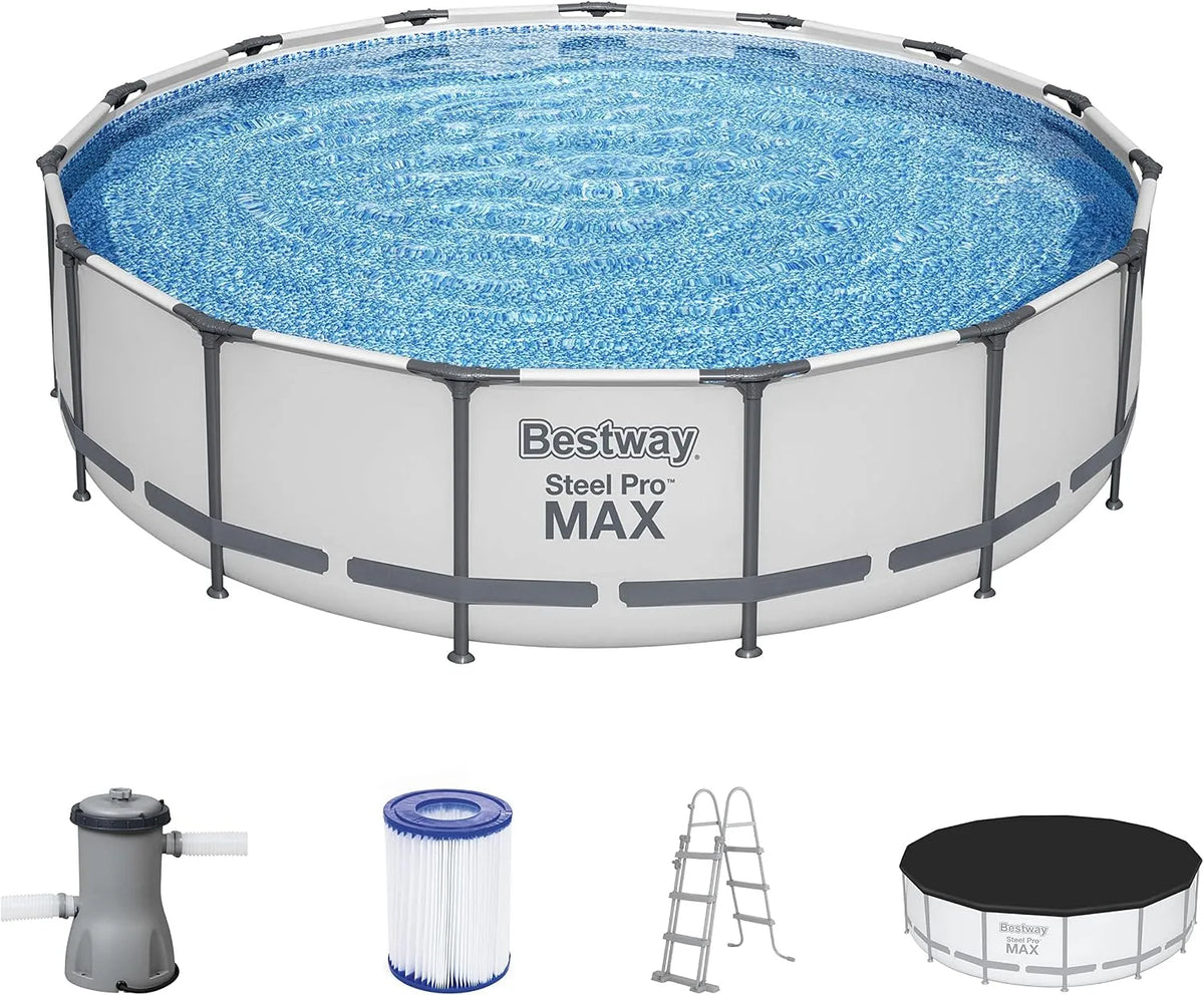 Bestway Pool, Steel Pro MAX Aufstellpool Komplett-Set mit Filterpumpe Ø 457 x 107 cm, lichtgrau, rund