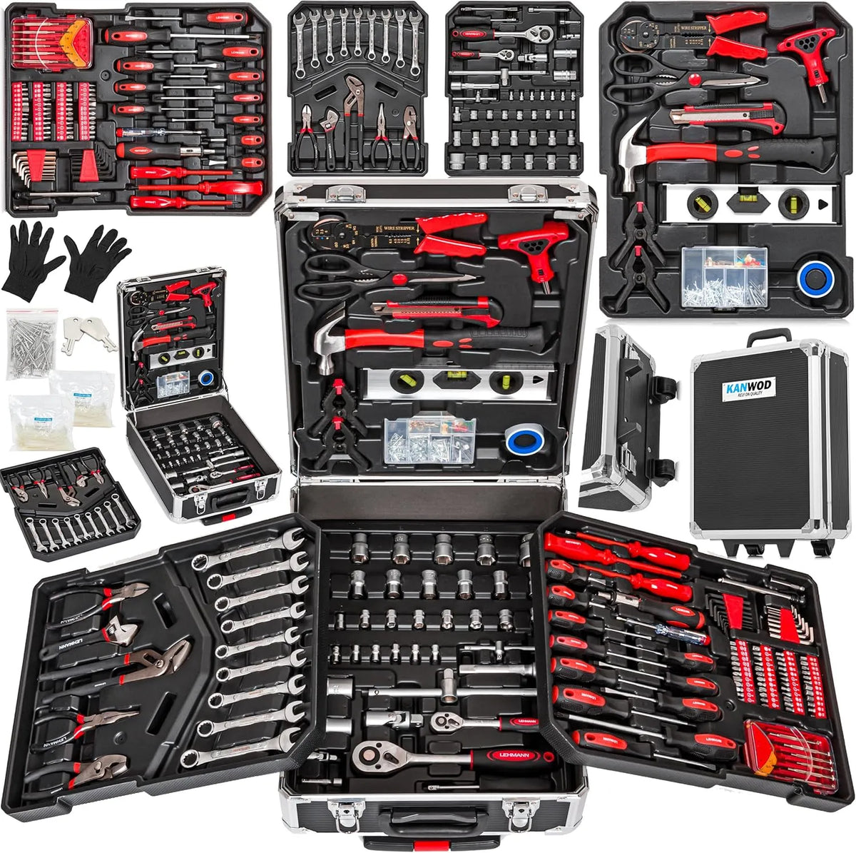 Gefüllt -teilig 1500 KANWOD Werkzeugkoffer, Werkzeug Set in robustem Aluminiumkoffer, komplettes Werkzeugset ideal für Garage, Hobby & KFZ, Haushalt