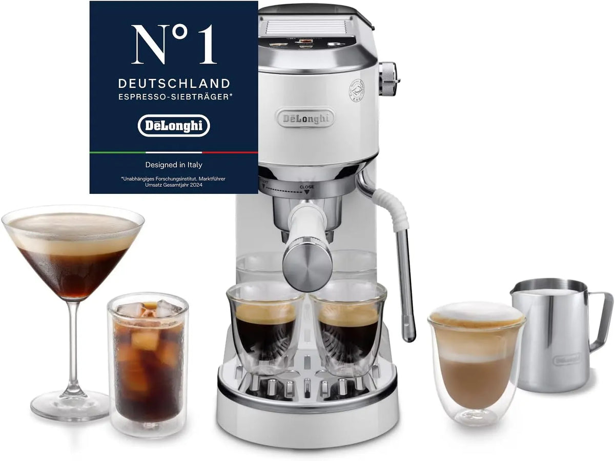 De'Longhi Espresso-Siebträgermaschine EC890.WI, 15cm breit, Dedica Duo, Perfetto Kompakte Espressomaschine mit Soft-Touch-Icons, Weiß