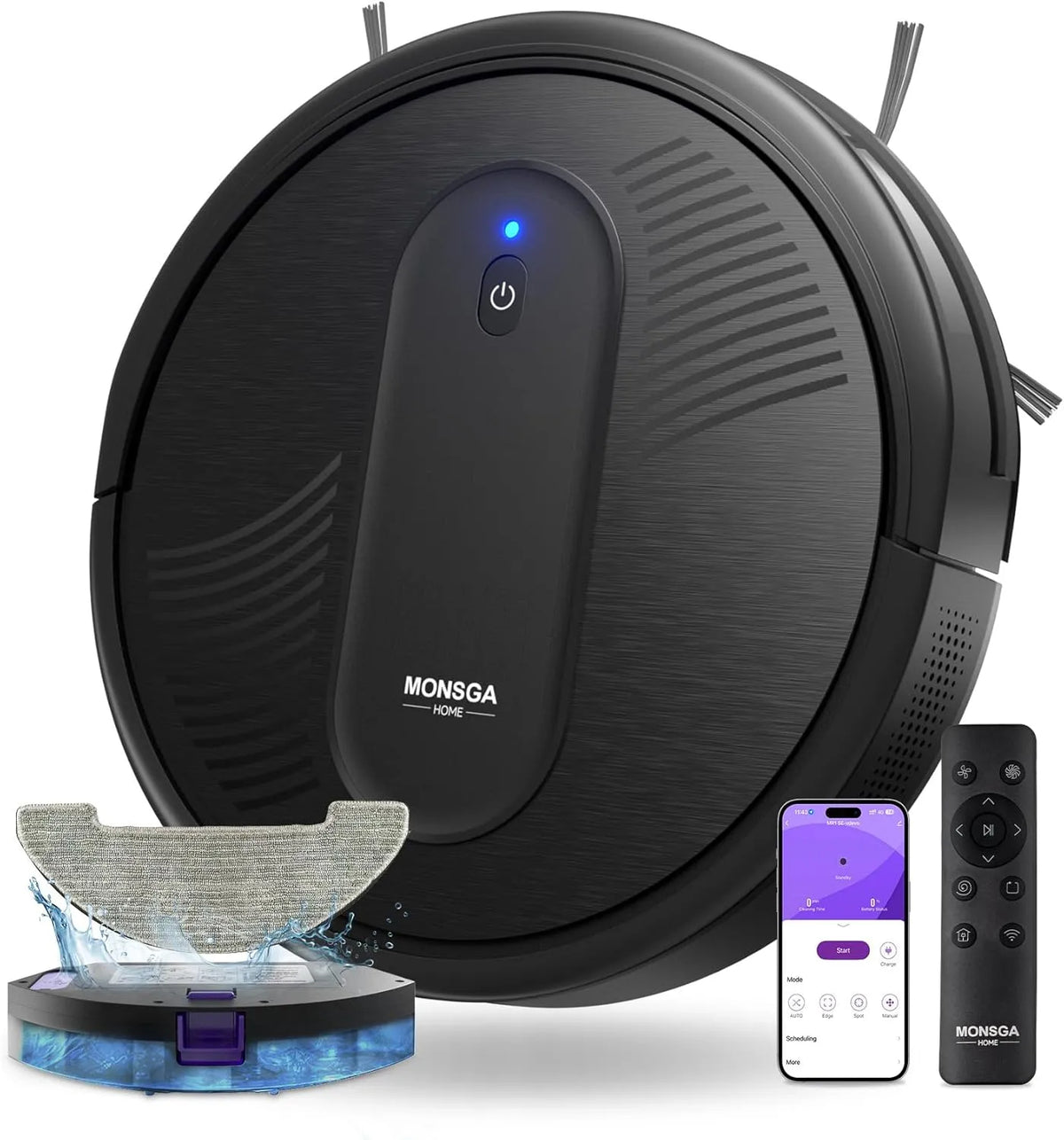 Saugroboter 140Min MONSGA, Staubsauger Roboter mit Auto-Teppich-Boost für Tierhaare Teppich Böden, mit Wischfunktion 4000PA, APP Steuerung