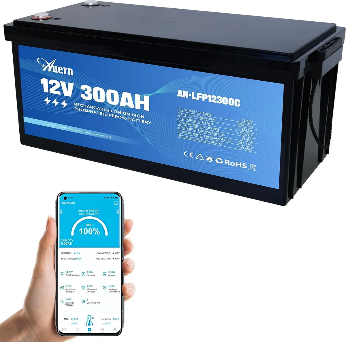 LiFePO4 15000, 3840Wh Bluetooth Lithium Akku bis zu Zyklen, Solar, Camping, Anern 12V 300Ah Batterie Deep Cycle Lithium Batterie 300A BMS, Boot