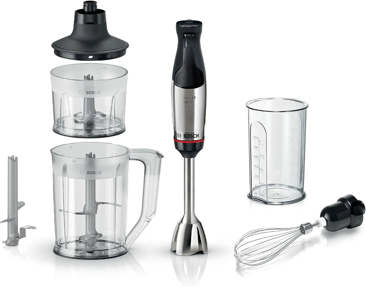 Bosch Modell, Stabmixer ErgoMaster Serie 6, einhändig bedienbar MSM6M652, Leistung 1000 W, 4 Edelstahl-Klingen, Zerkleinerer, langlebig, Luftkühlung