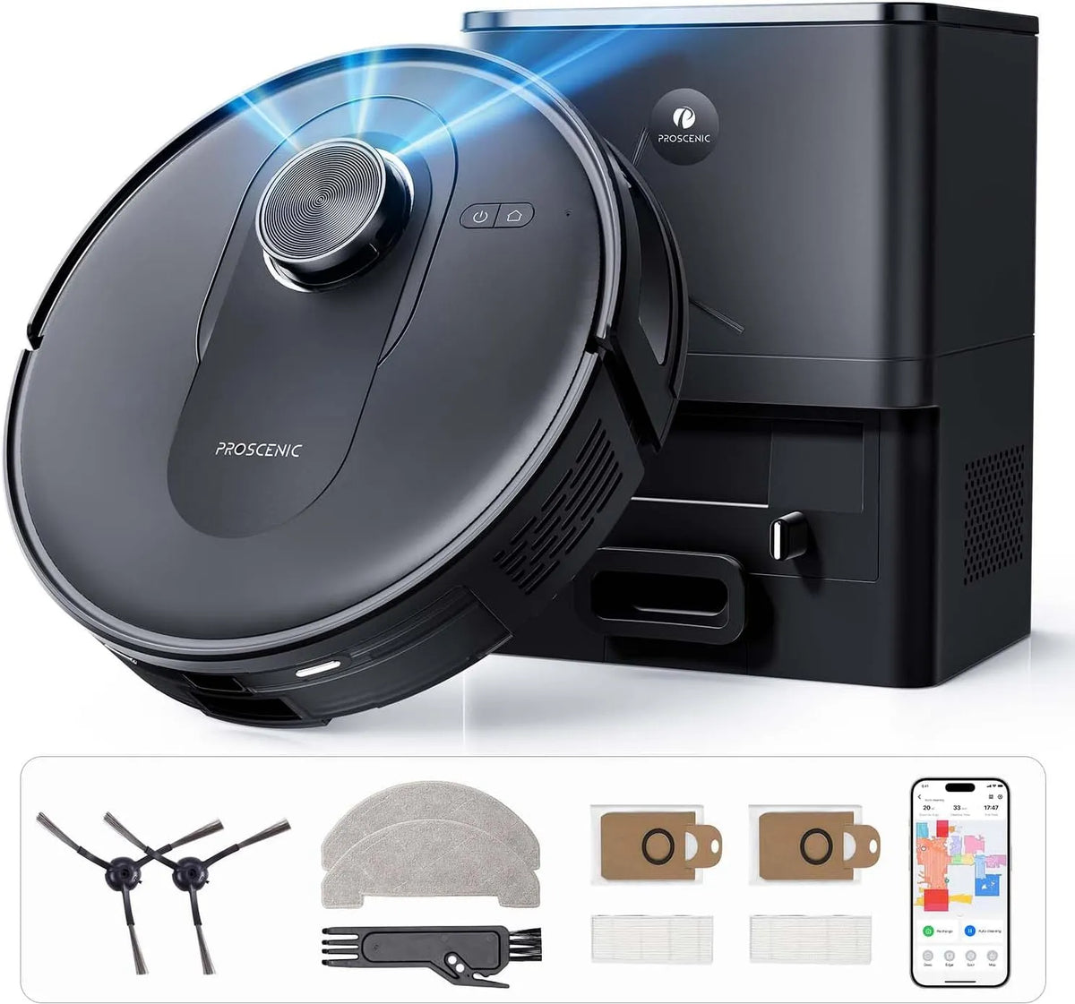 Saugroboter 200min, 6000Pa Leistungsstark Staubsauger Roboter mit Wischfunktion, Proscenic Q8 Max mit Absaugstation