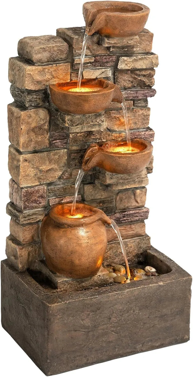 Braun Teamson Home 4 stufiger Steinbrunnen LED Wasserspiel Outdoor
