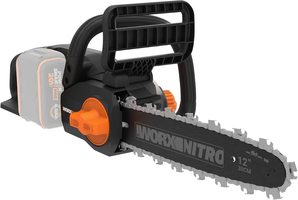 Worx Modell 10m 10m WG350E.9 10m/s, Spannung 20V, kompakt & sicher, einfache Ketten-Verspannung, Nitro Profi Akku Kettensäge 20V, 30cm Schnittlänge