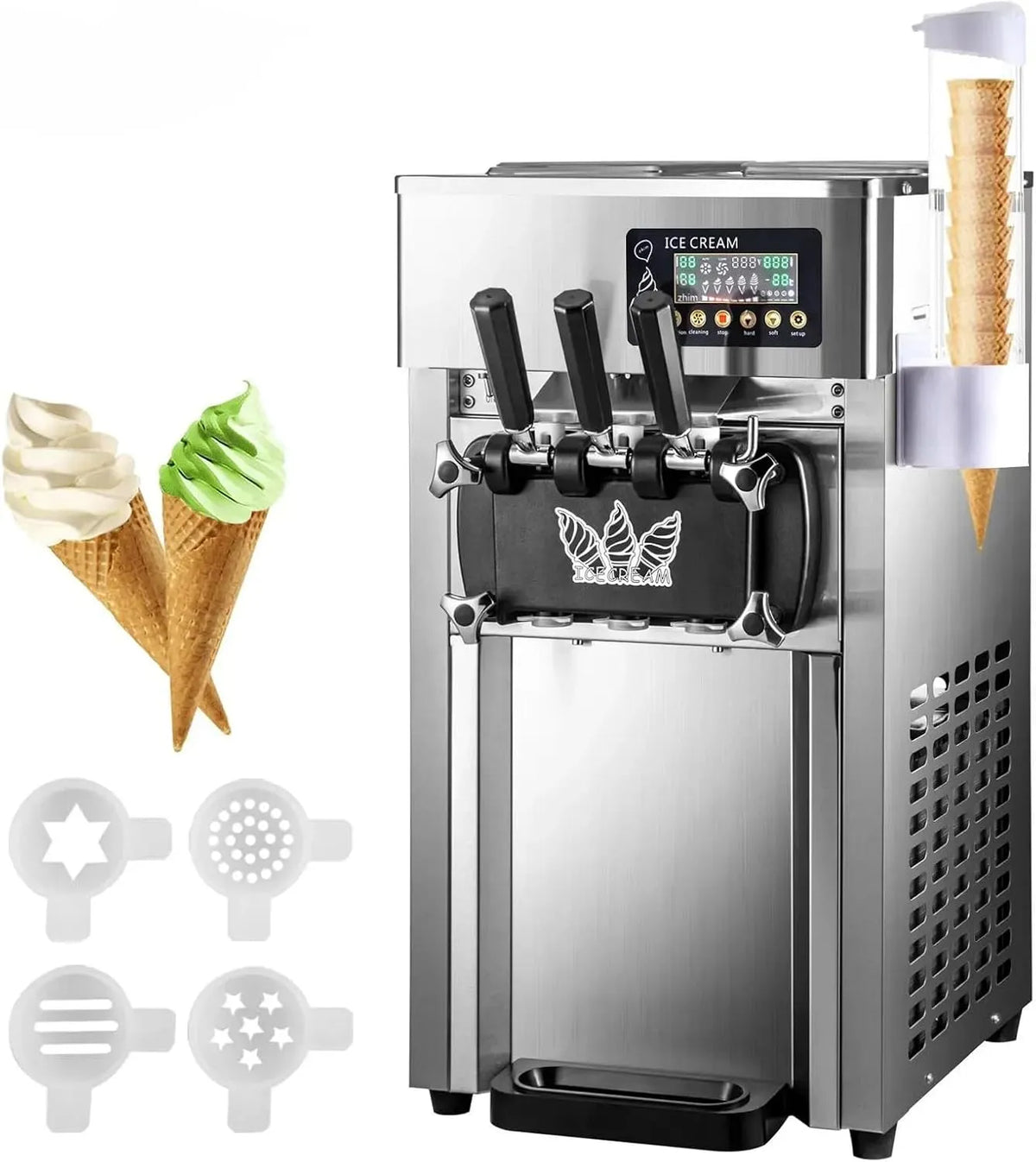 Eismaschine Kommerzielle, Leistung 1200 W, sanfter Service, automatische Reinigung für Joghurt, Snackbar, Markt, 18 l/h, 3 Geschmacksrichtungen